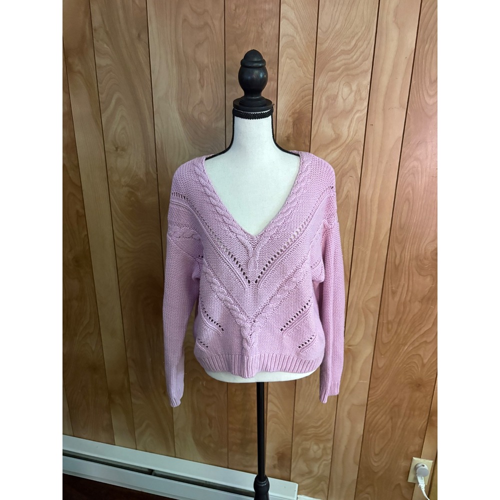 Kendall & Kylie Pink Lavender Cable Knit V-Neck Sweater Small Pointelle Chevron‎